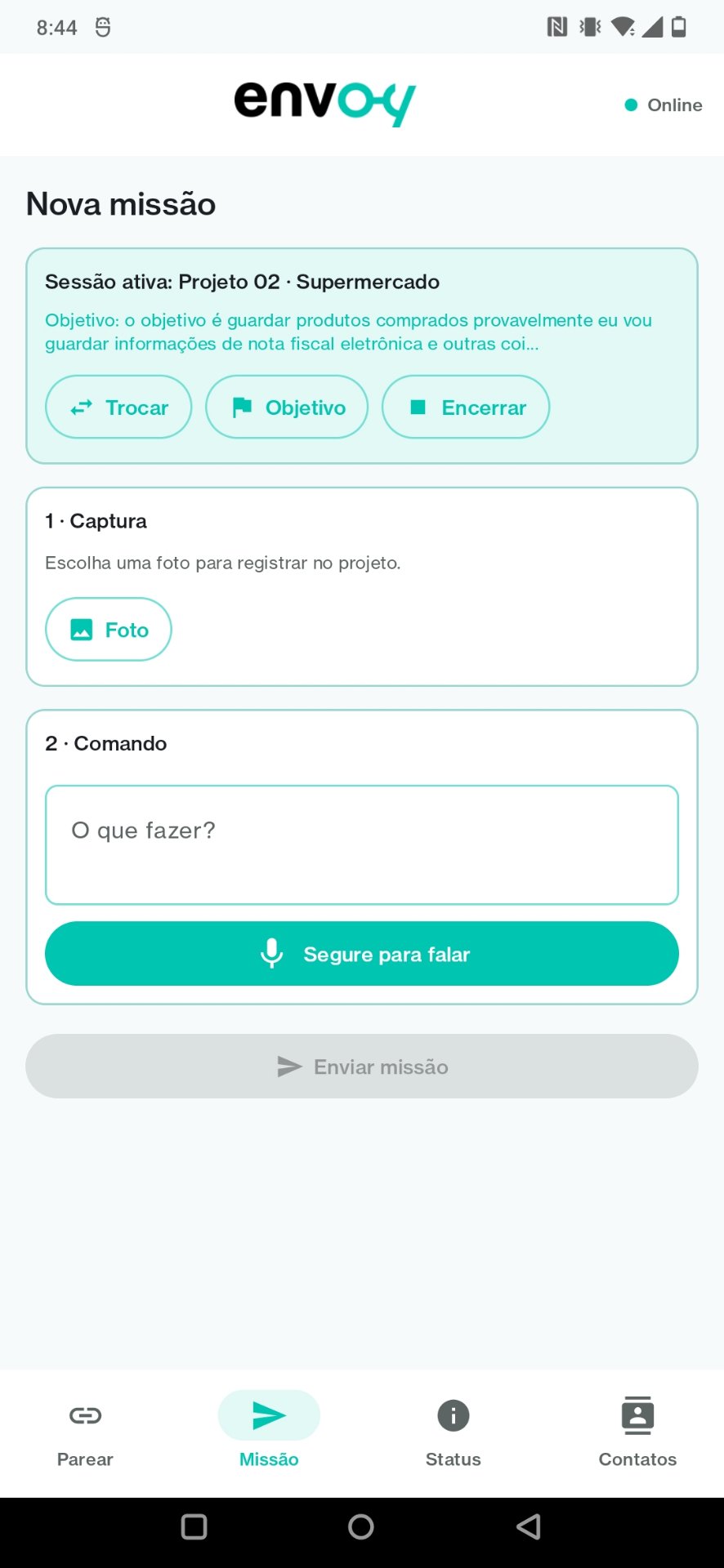Tela de nova missão com sessão ativa e captura