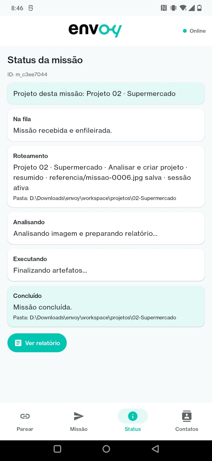 Timeline de status da missão concluída